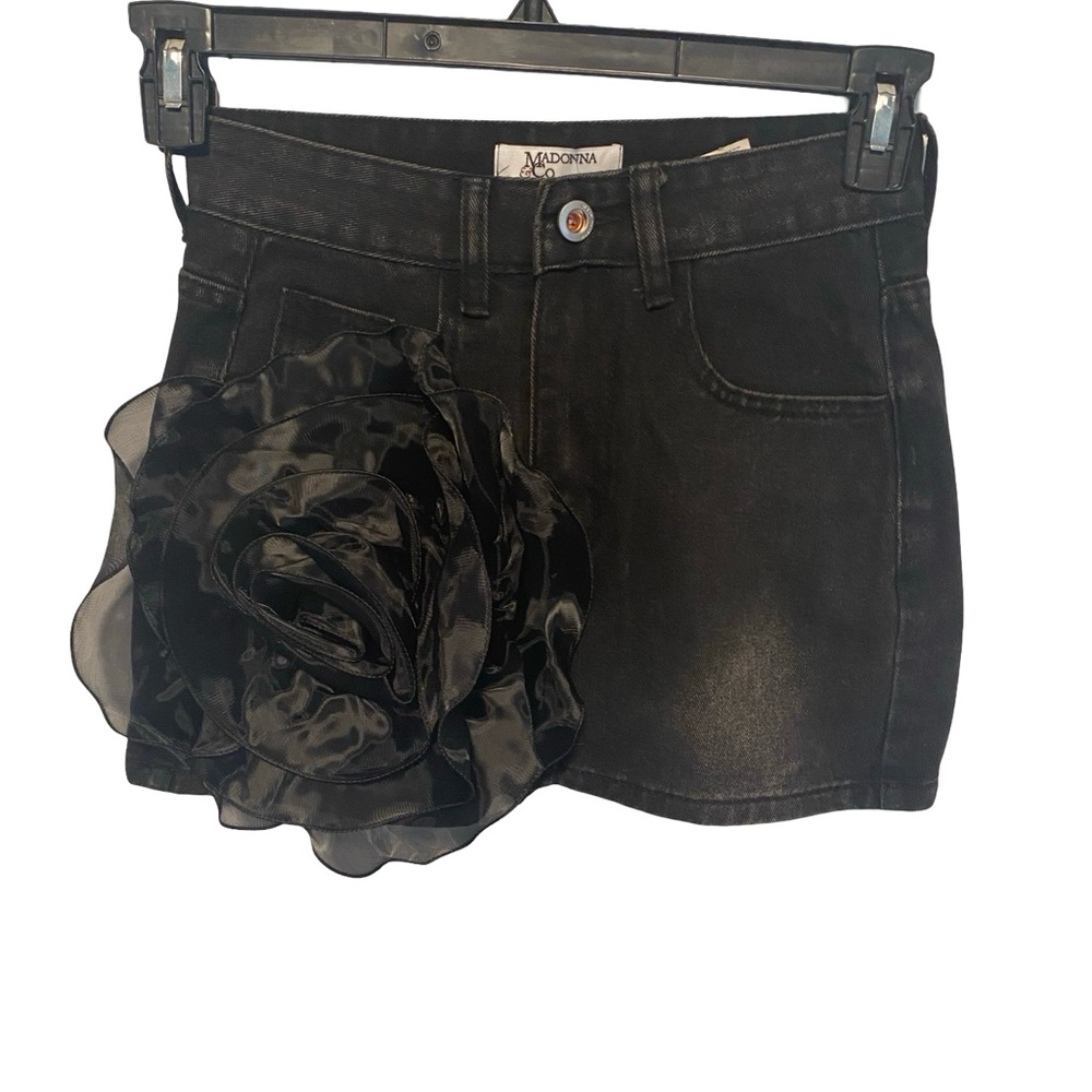 Black Denim Shorts with Floral Accent Size Small Boutique Brand